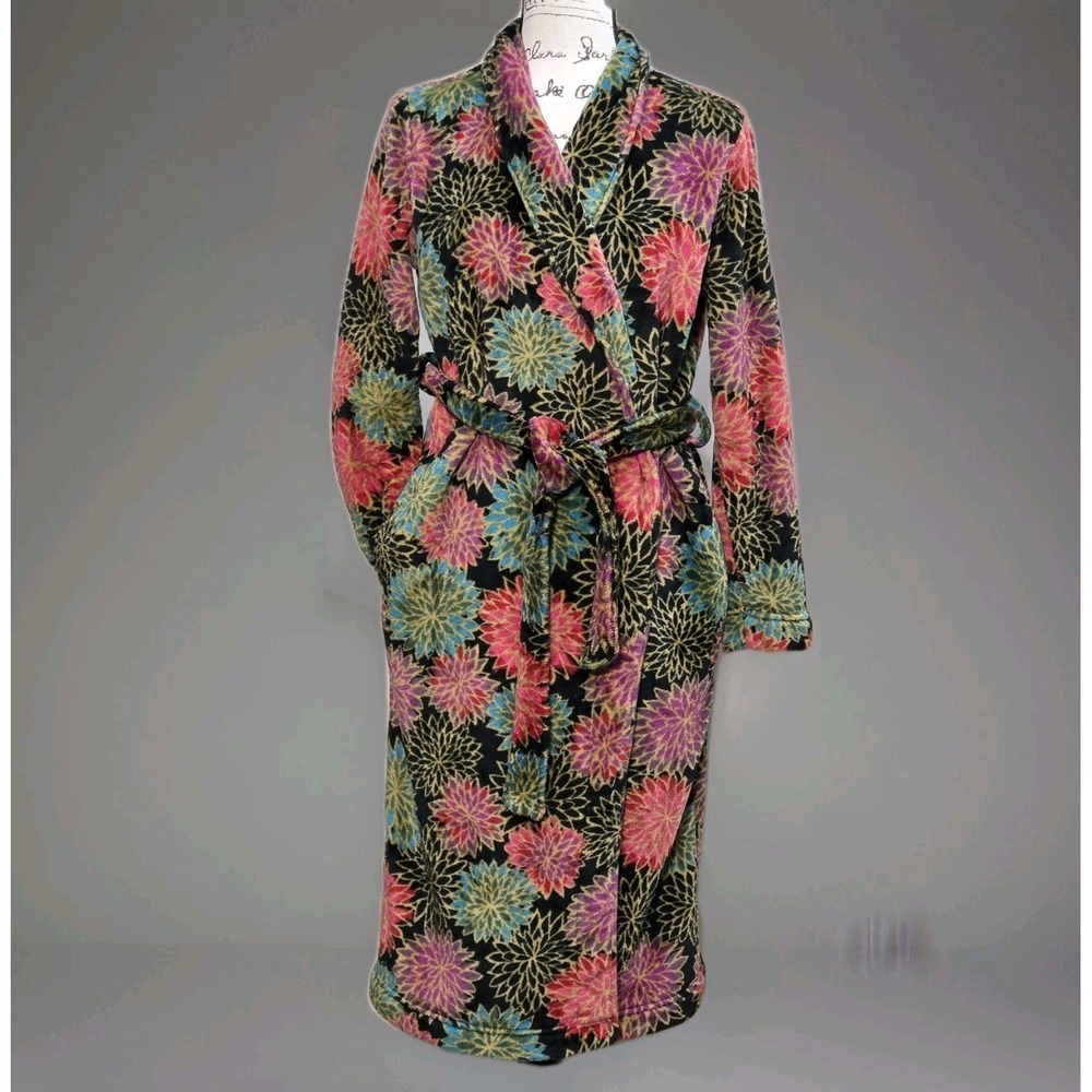 Gilligan & O'Malley Sz XS/S Floral‎ Fleece Luxe Plush Midi Robe Tie Belt Pockets